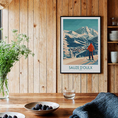 Sauze d'Oulx Poster Italy displayed on a wooden wall with mountains and skier in the background, capturing the essence of Italian skiing.