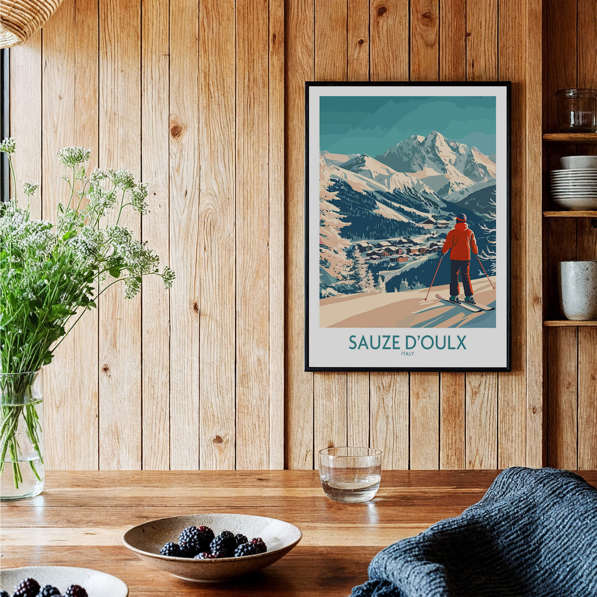 Sauze d'Oulx Poster Italy displayed on a wooden wall with mountains and skier in the background, capturing the essence of Italian skiing.