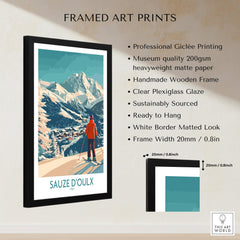 Framed art print featuring Sauze d'Oulx Poster Italy with mountains and ski theme, ready to hang.