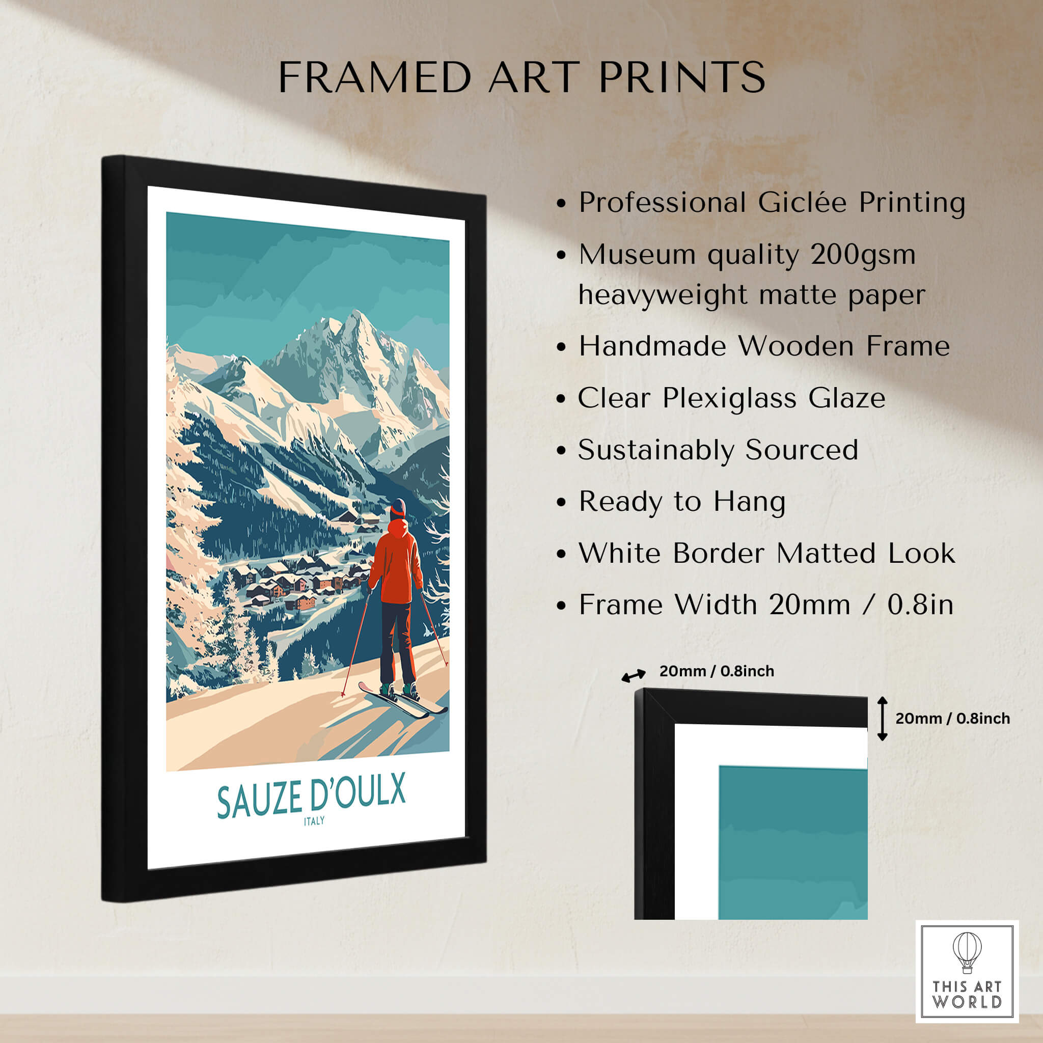 Framed art print featuring Sauze d'Oulx Poster Italy with mountains and ski theme, ready to hang.