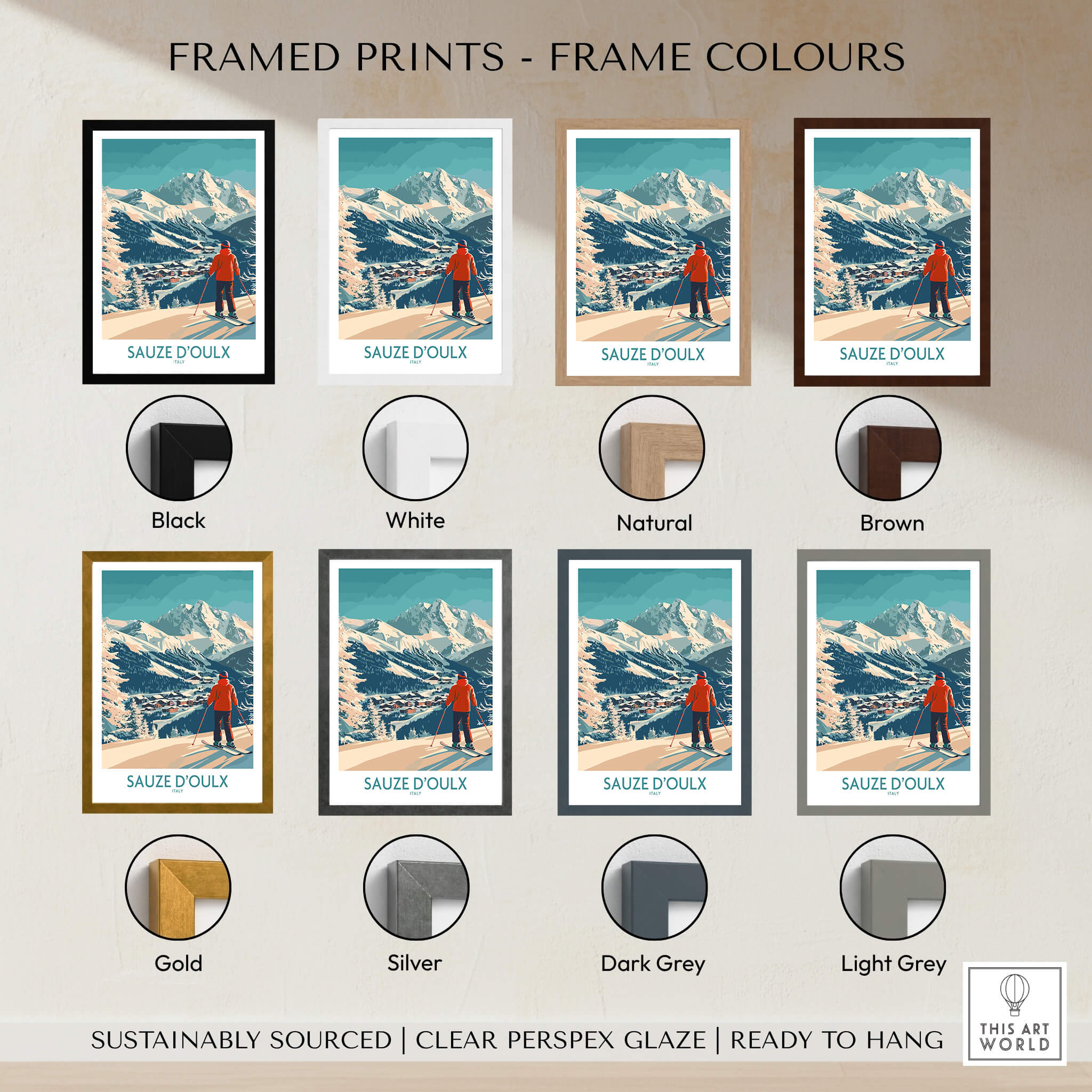 Framed prints of Sauze d'Oulx Poster Italy in various frame colors including black, white, natural, brown, gold, and silver.