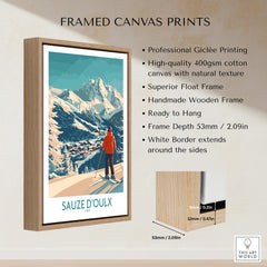 Framed Sauze d'Oulx Poster Italy with wooden frame, showcasing stunning ski artwork and professional Giclée printing.