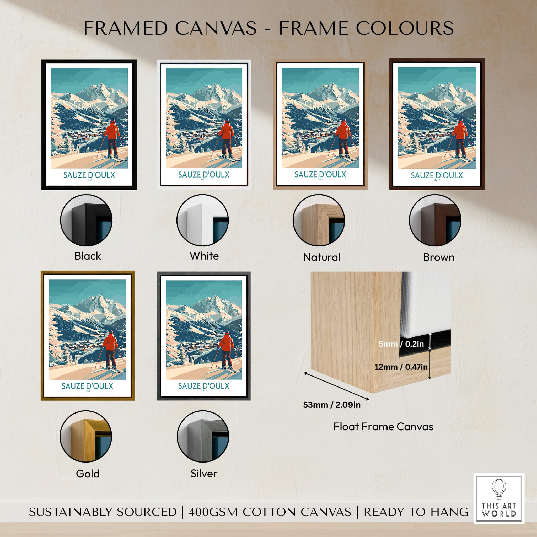 Sauze d'Oulx Poster Italy framed canvas options including black, white, natural, brown, gold, and silver.