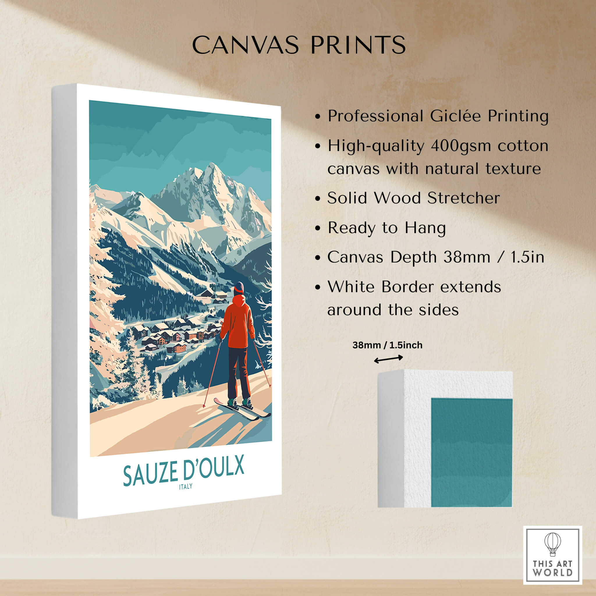 Sauze d'Oulx Poster Italy showcasing a beautiful ski scene on canvas, perfect for home decor.