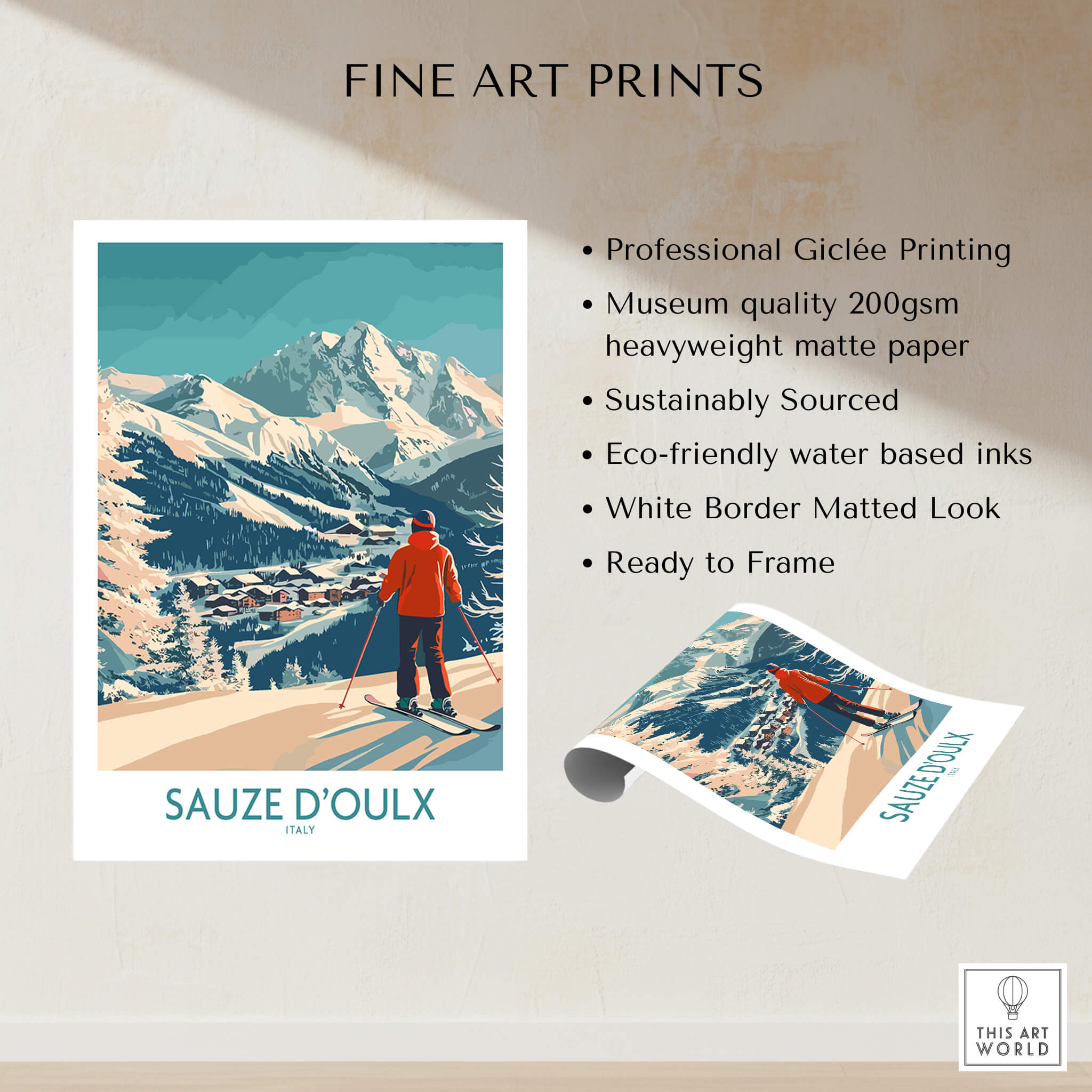 Sauze d'Oulx Poster Italy featuring a skier in the beautiful mountains, perfect for home or office decor.
