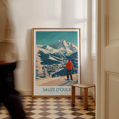 Sauze d'Oulx Poster Italy featuring a skier in a beautiful mountain landscape.