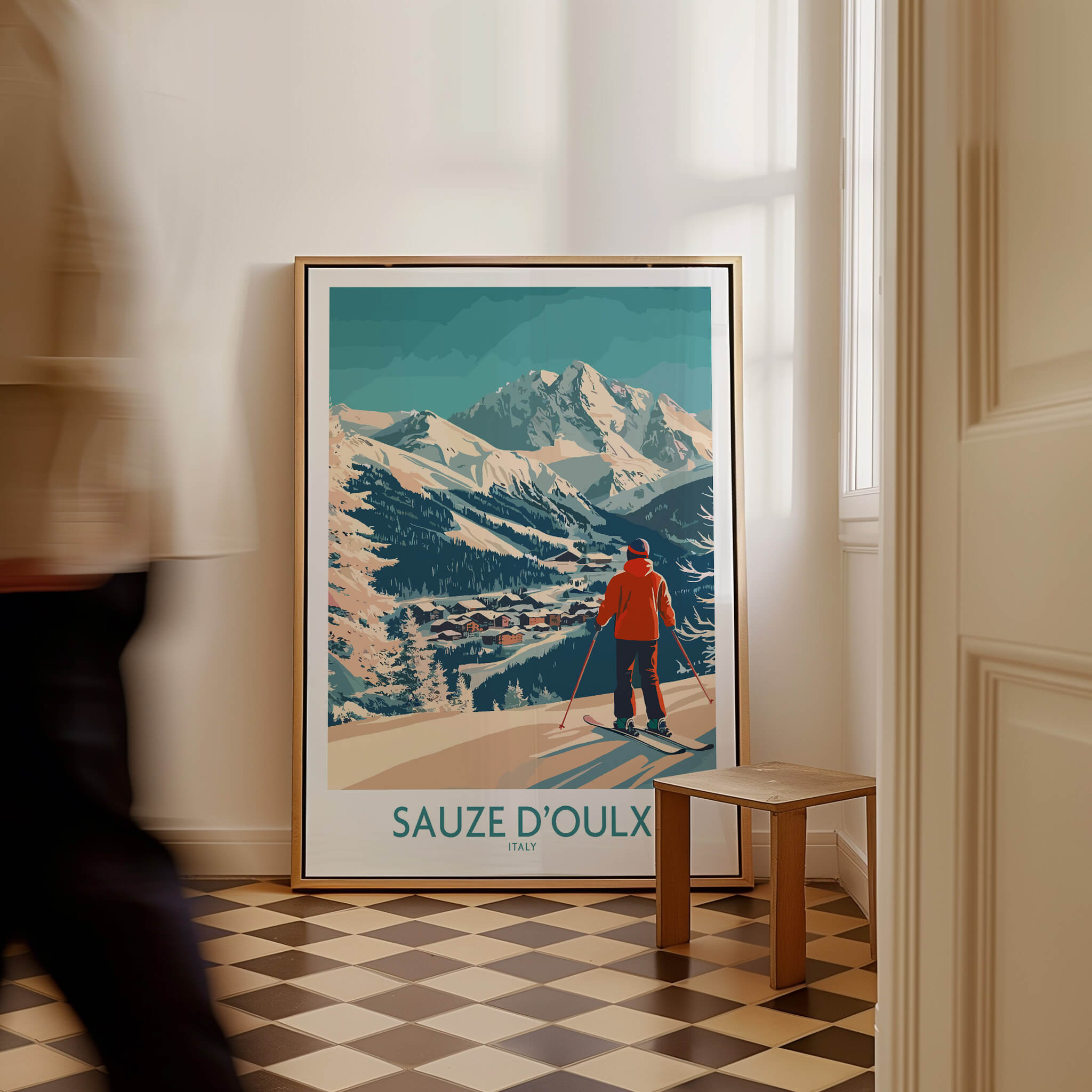 Sauze d'Oulx Poster Italy featuring a skier in a beautiful mountain landscape.