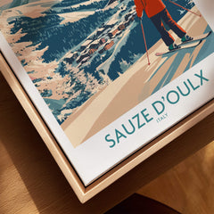 Sauze d'Oulx Poster Italy depicting a skier on slopes with stunning mountainous backdrop in Italy.