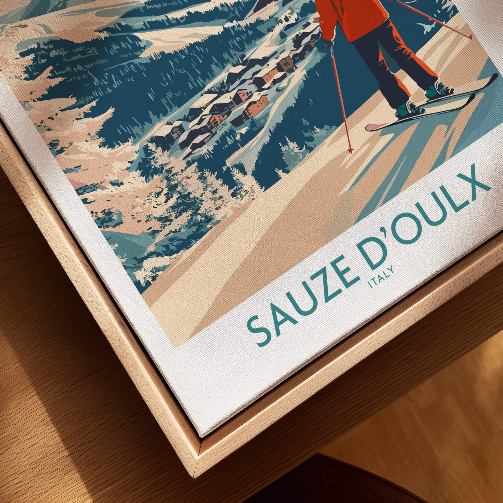 Sauze d'Oulx Poster Italy depicting a skier on slopes with stunning mountainous backdrop in Italy.