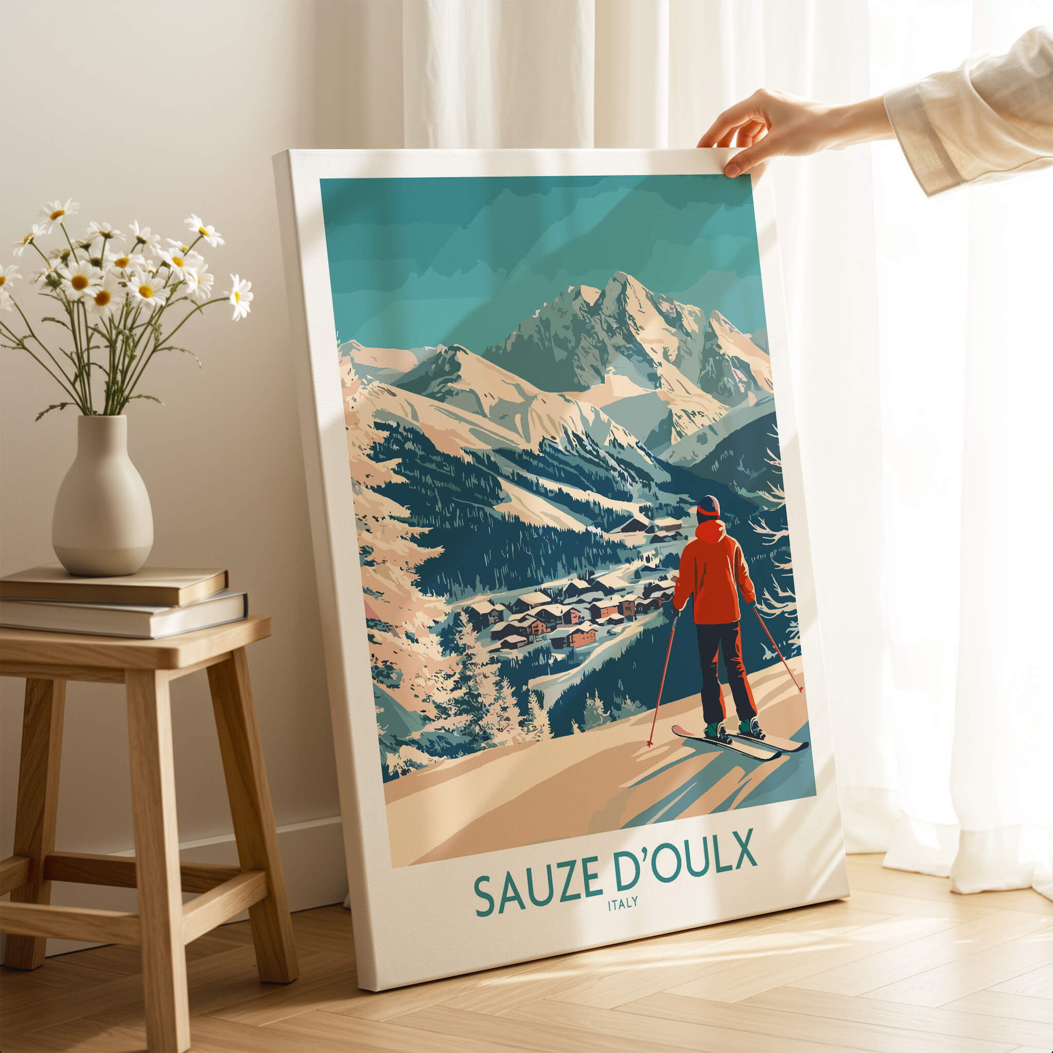 Sauze d'Oulx Poster Italy featuring a skier on a snowy mountain backdrop with a picturesque view.