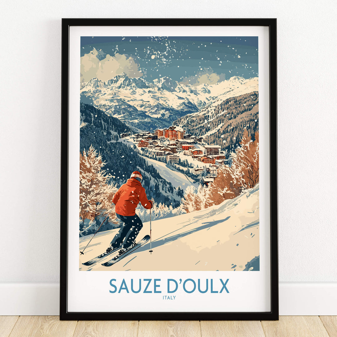 Ski Poster Sauze d'Oulx Italy featuring a skier on snowy slopes with scenic mountains and village view.