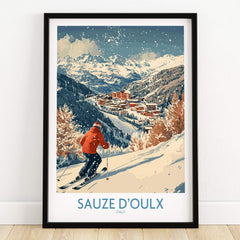 Ski Poster Sauze d'Oulx Italy featuring a skier on snowy slopes with scenic mountains and village view.