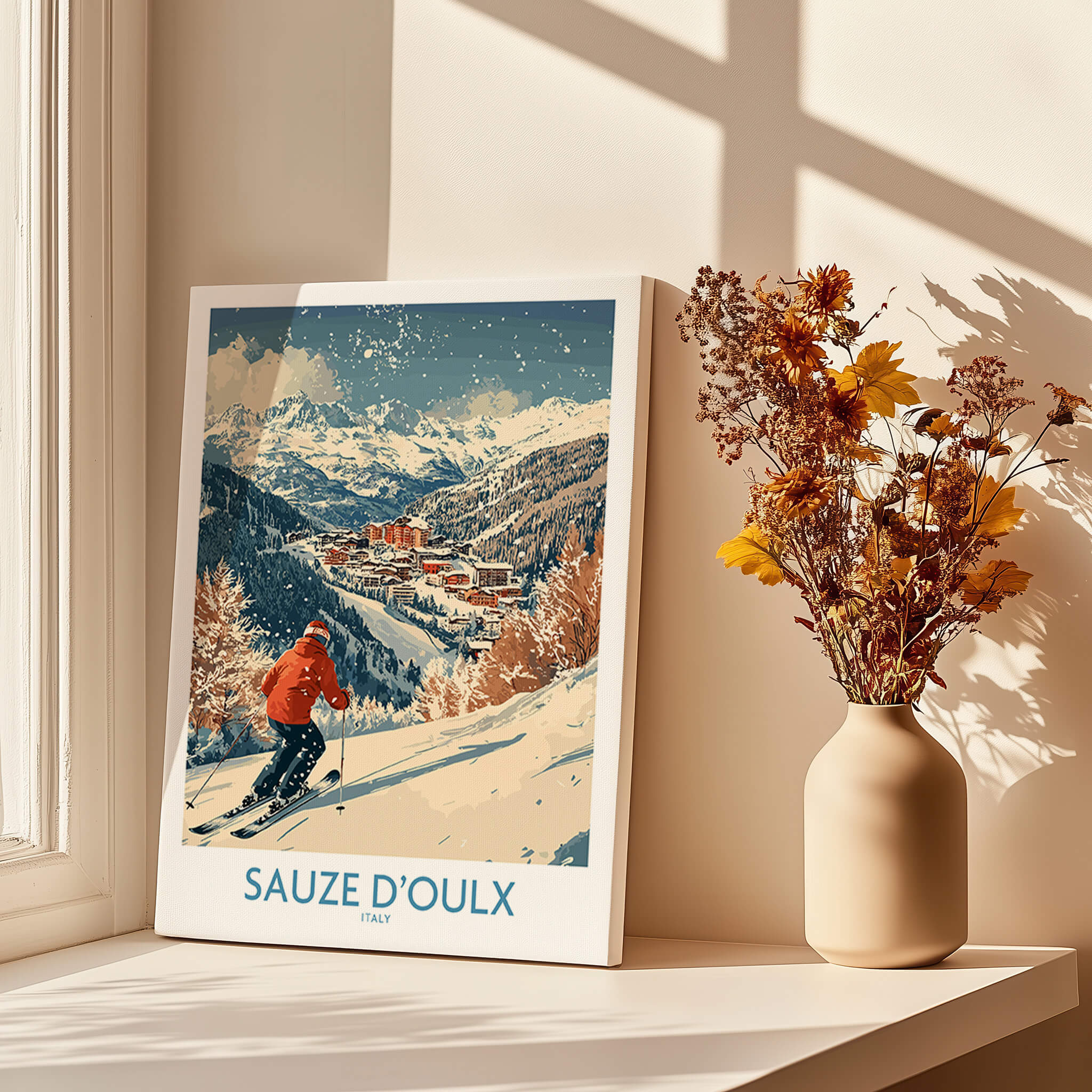Ski Poster Sauze d'Oulx Italy featuring a skier in a snowy mountain landscape.