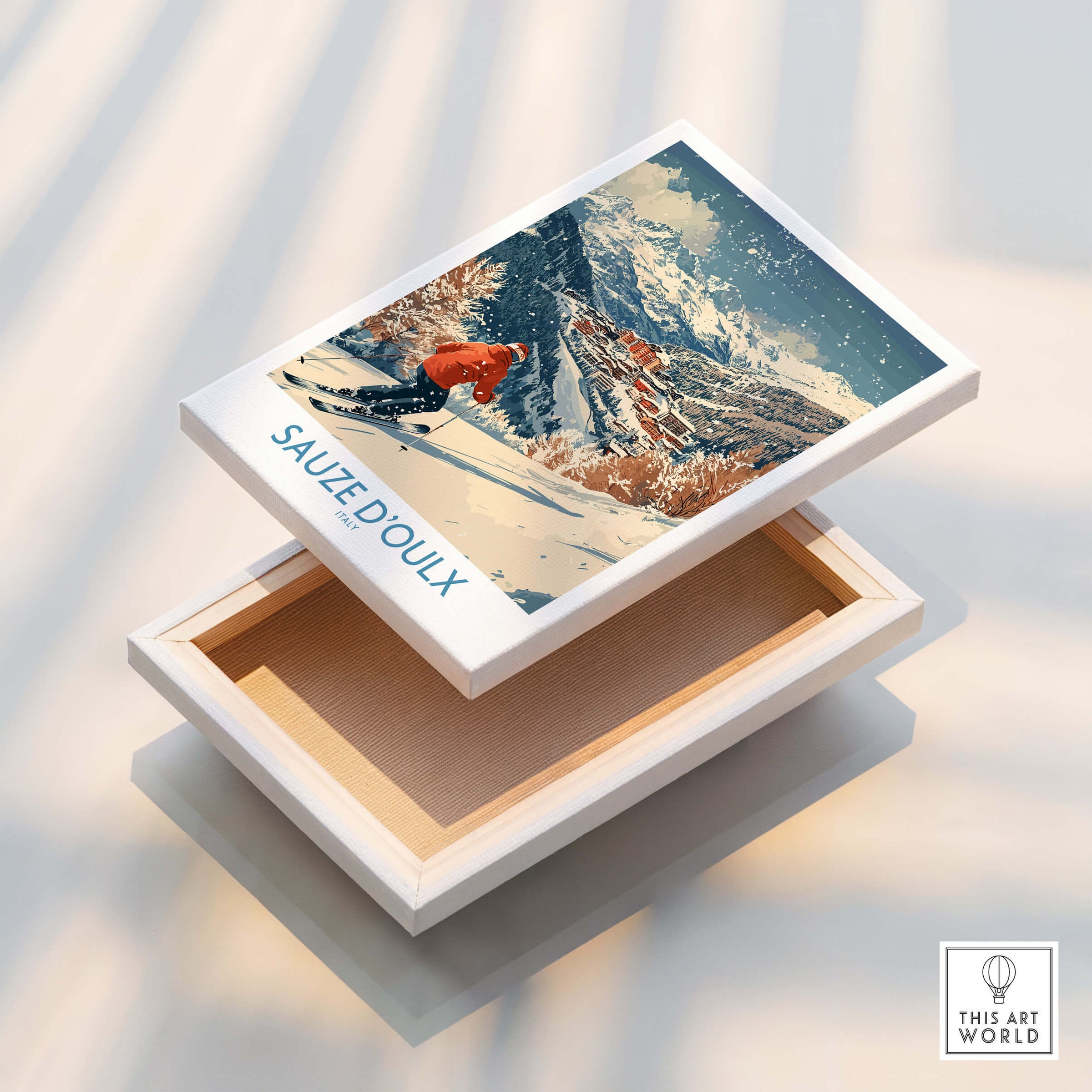 Ski Poster Sauze d'Oulx Italy displayed on a decorative box capturing the thrill of skiing in Italy.