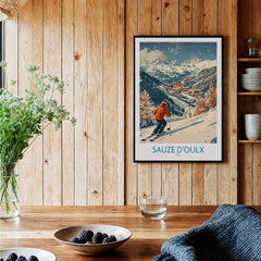 Ski Poster Sauze d'Oulx Italy showcasing a skier on snowy slopes with a rustic wooden background.