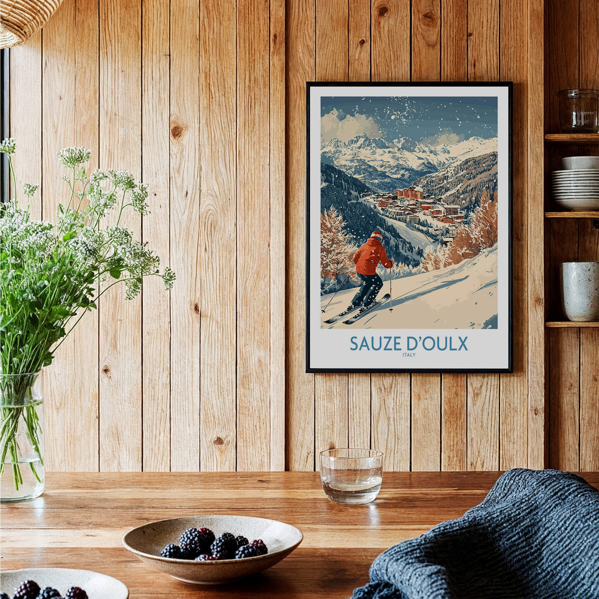 Ski Poster Sauze d'Oulx Italy showcasing a skier on snowy slopes with a rustic wooden background.