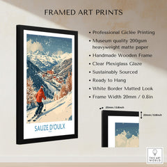 Ski Poster Sauze d'Oulx Italy showcasing snow-covered slopes and vibrant design, framed and ready to hang.