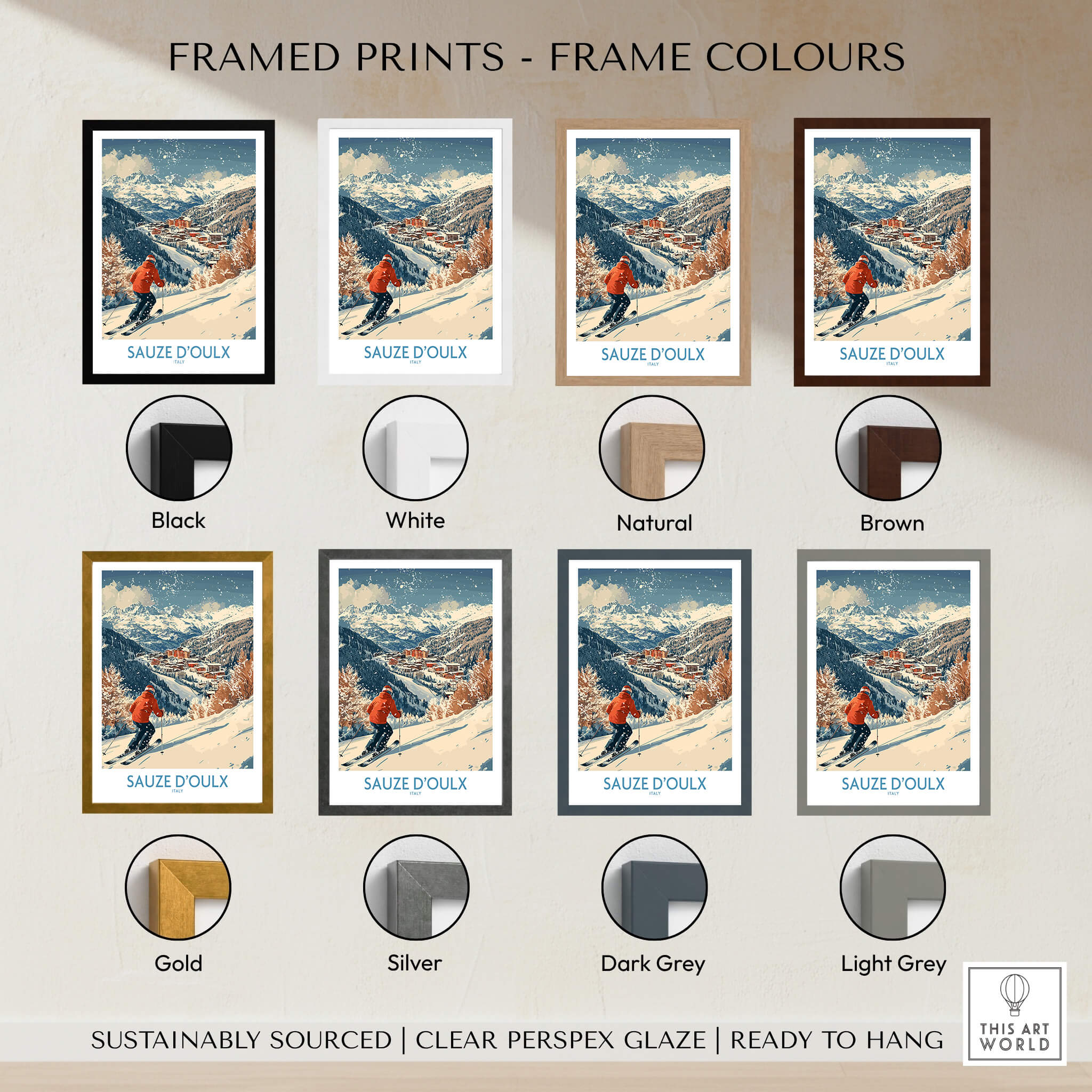 Framed prints in various colors showcasing Ski Poster Sauze d'Oulx Italy for stylish home decor.