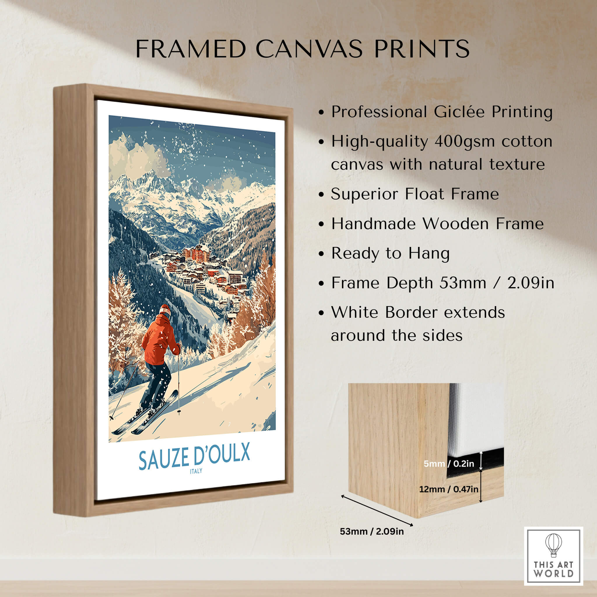 Ski Poster Sauze d'Oulx Italy framed canvas print showcasing vivid winter scenery.