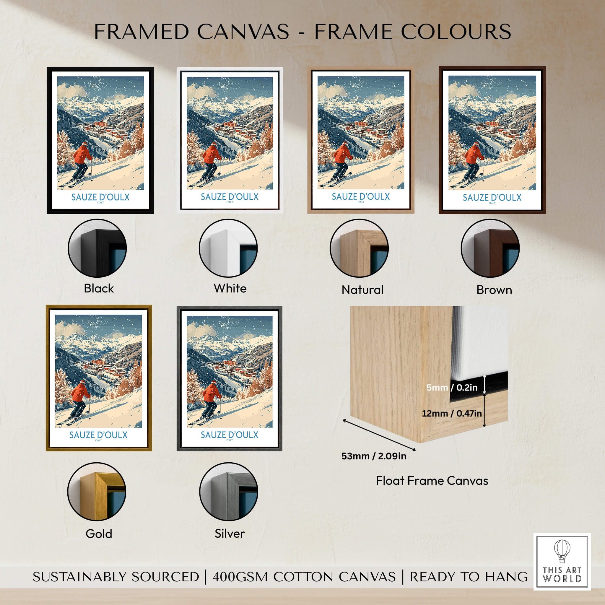 Ski Poster Sauze d'Oulx Italy framed in various color options including black, white, natural, brown, gold, and silver.