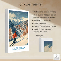 Ski Poster Sauze d'Oulx Italy featuring a skier on snowy slopes with stunning mountain backdrop.