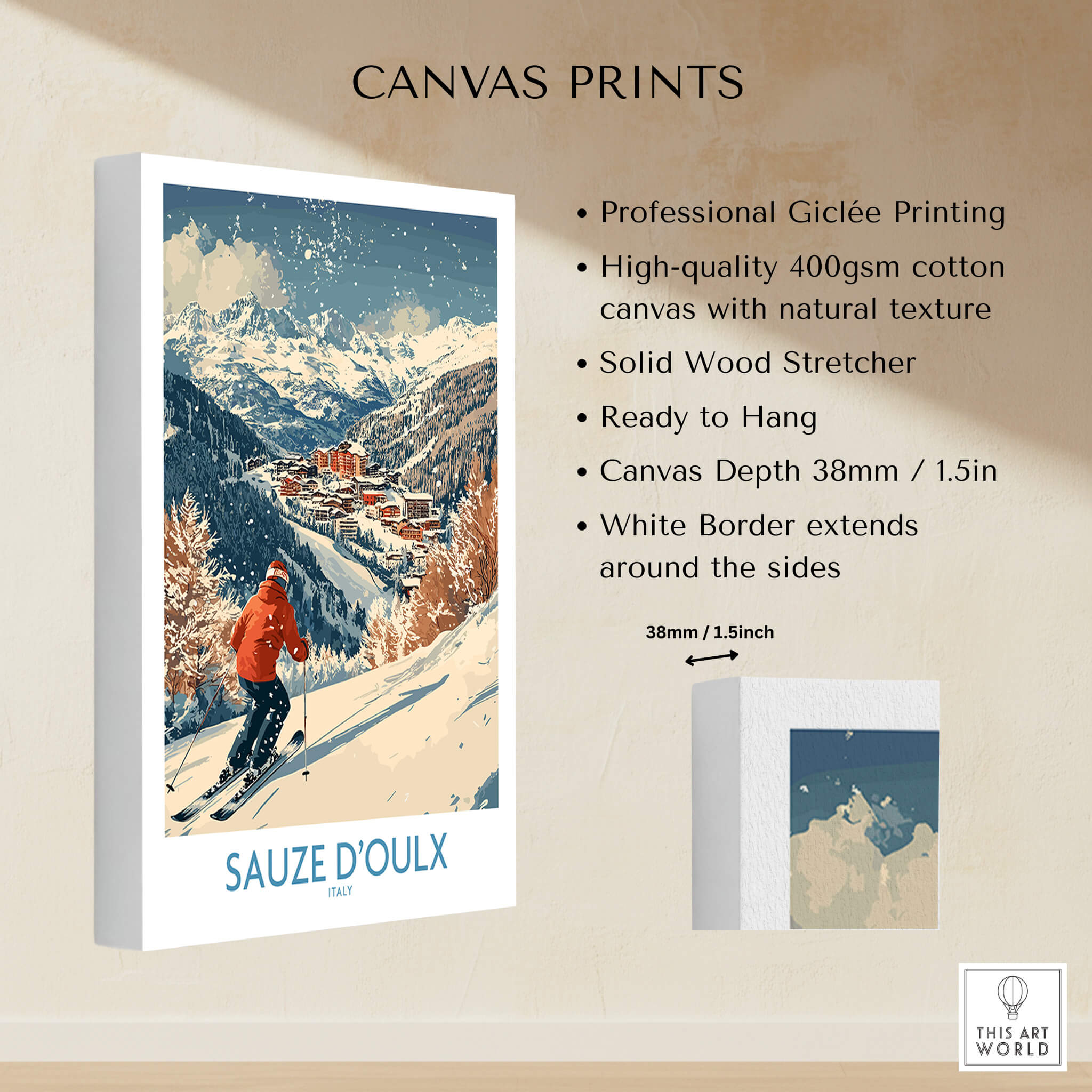 Ski Poster Sauze d'Oulx Italy featuring a skier on snowy slopes with stunning mountain backdrop.