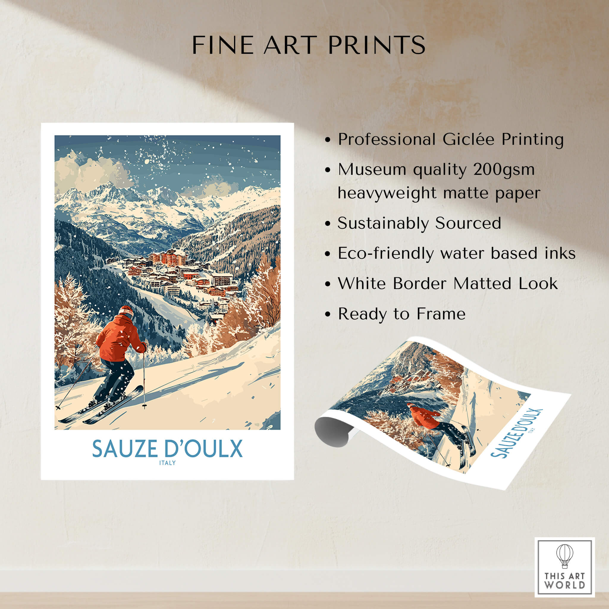 Ski Poster Sauze d'Oulx Italy featuring vibrant ski scene in snowy mountains
