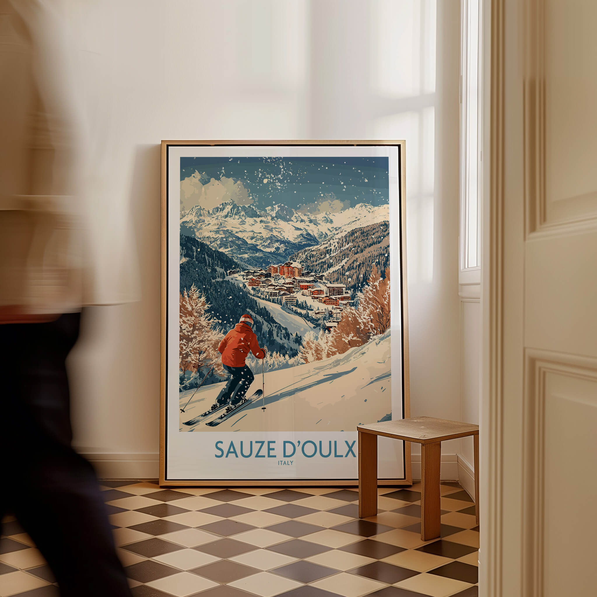 Ski Poster Sauze d'Oulx Italy featuring a skier in a snowy mountain landscape.