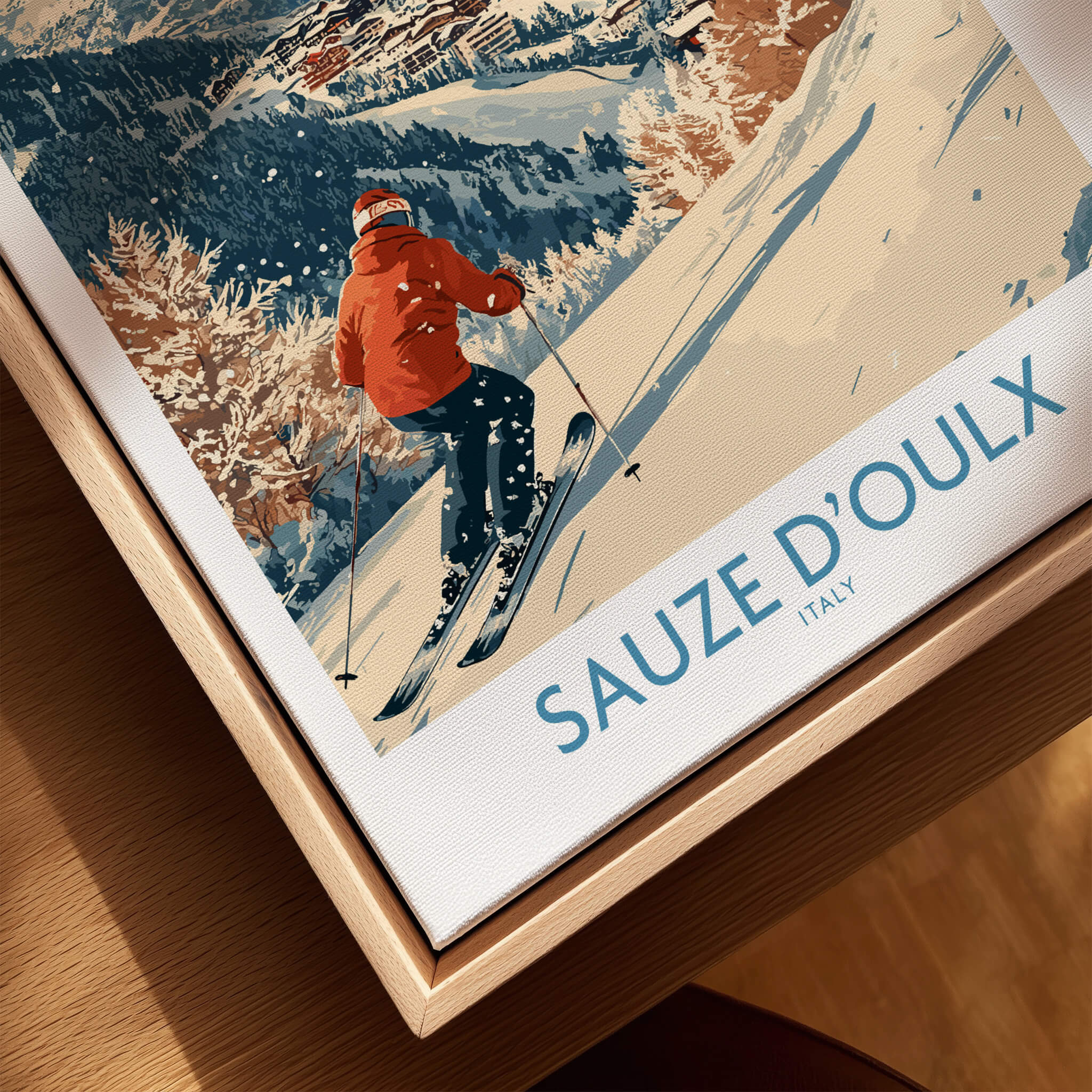 Ski Poster Sauze d'Oulx Italy featuring a skier on snowy slopes in vibrant colors.
