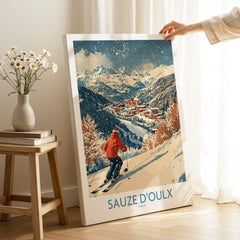 Ski Poster Sauze d'Oulx Italy featuring a skier on snowy slopes with a mountain backdrop.