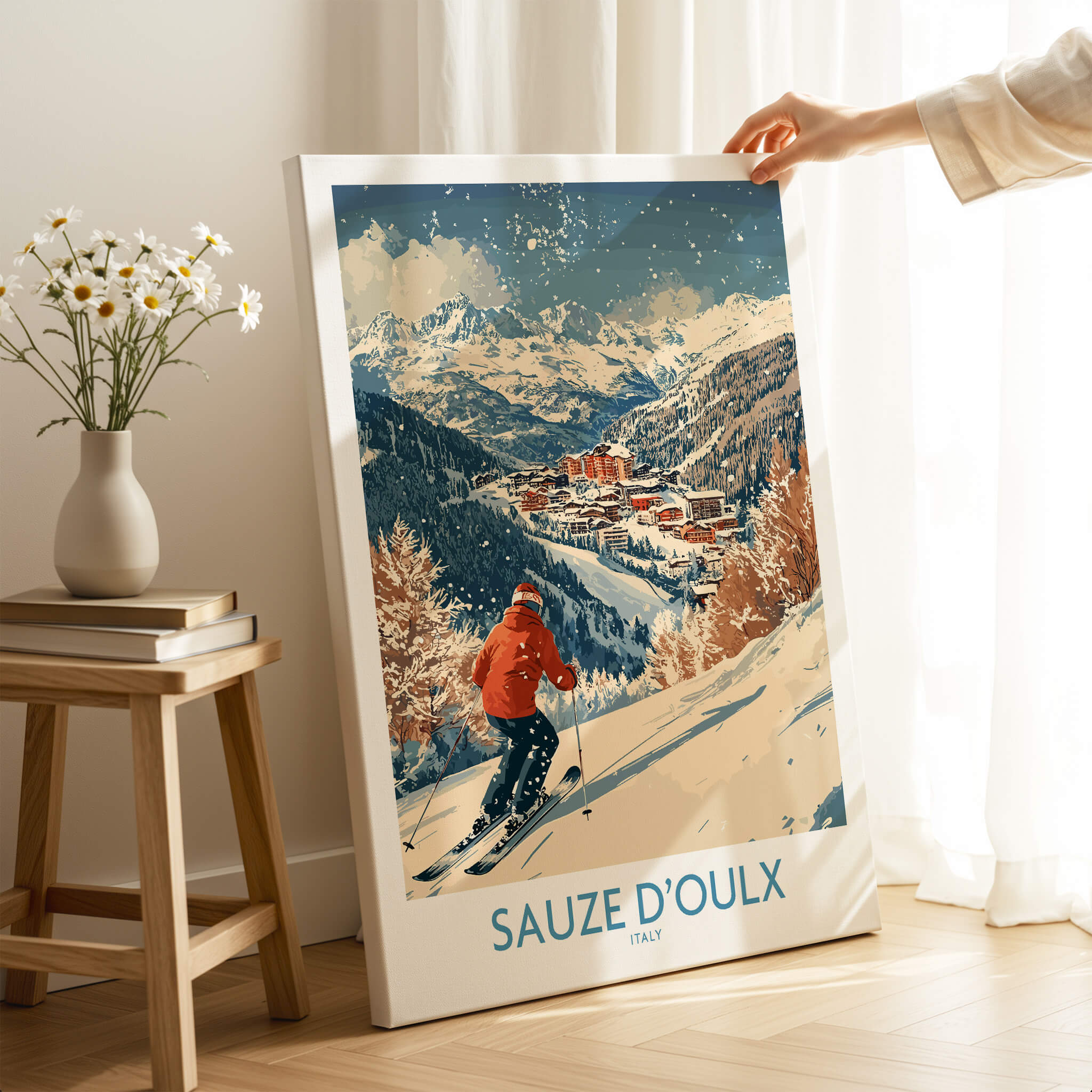 Ski Poster Sauze d'Oulx Italy featuring a skier on snowy slopes with a mountain backdrop.