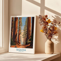 Sequoia National Park art print on windowsill with dried flowers in sunlight.