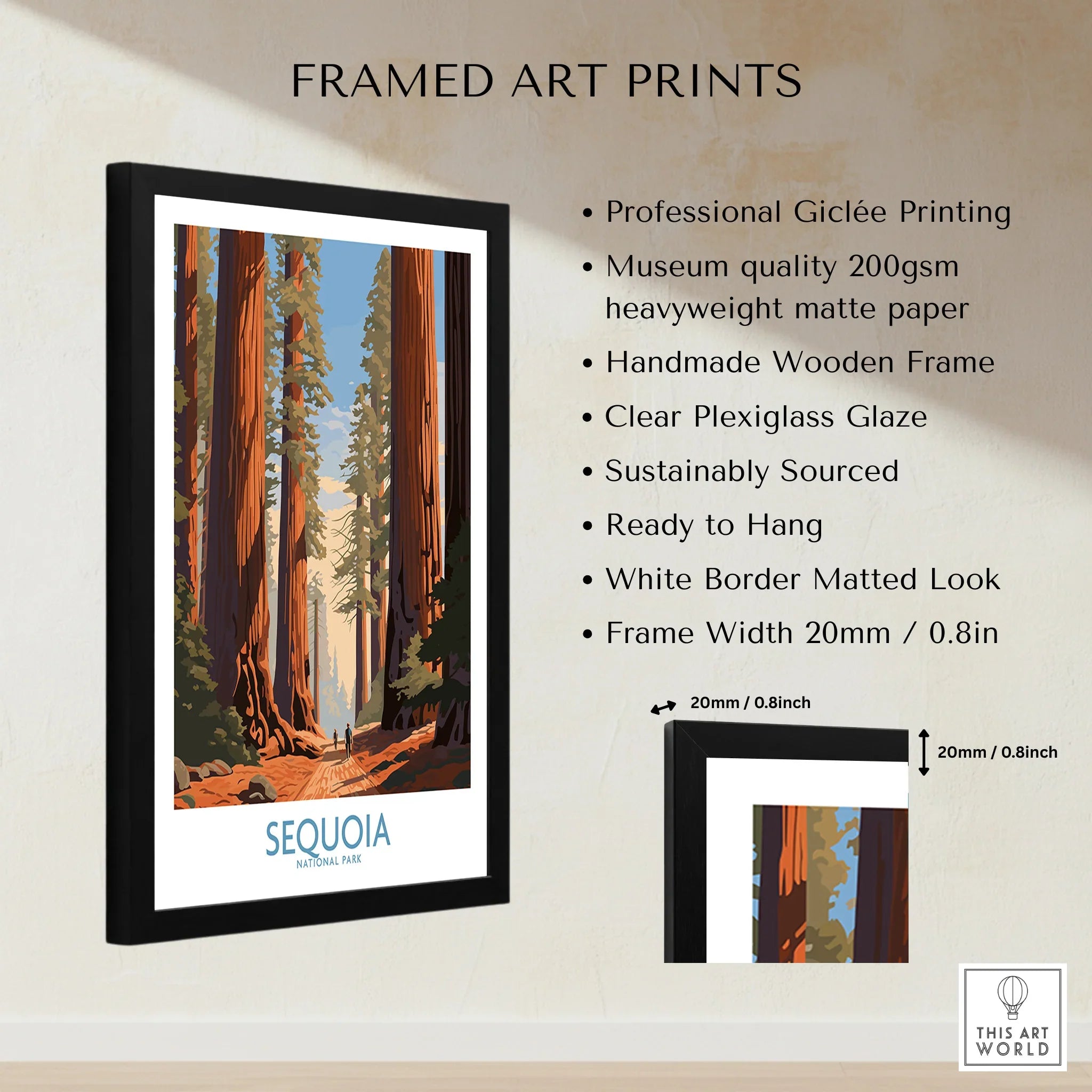 Framed Sequoia National Park art print with tall redwood trees, quality and size details.