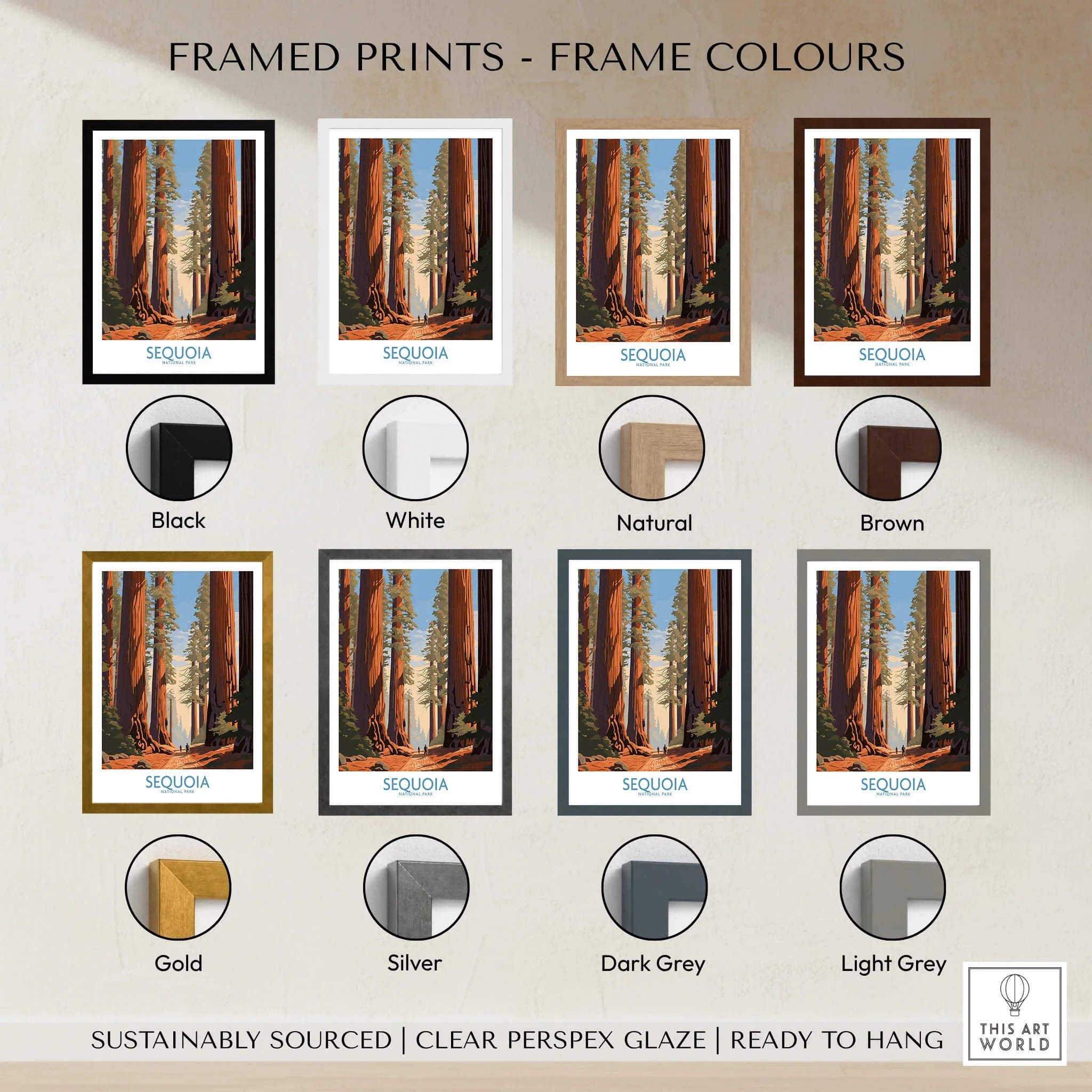 Sequoia National Park art print displayed in eight frame colour options, travel wall decor