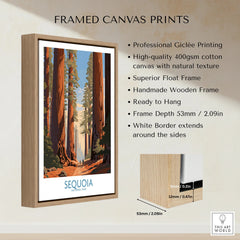 Framed Sequoia National Park travel poster print with float wooden frame and canvas details.
