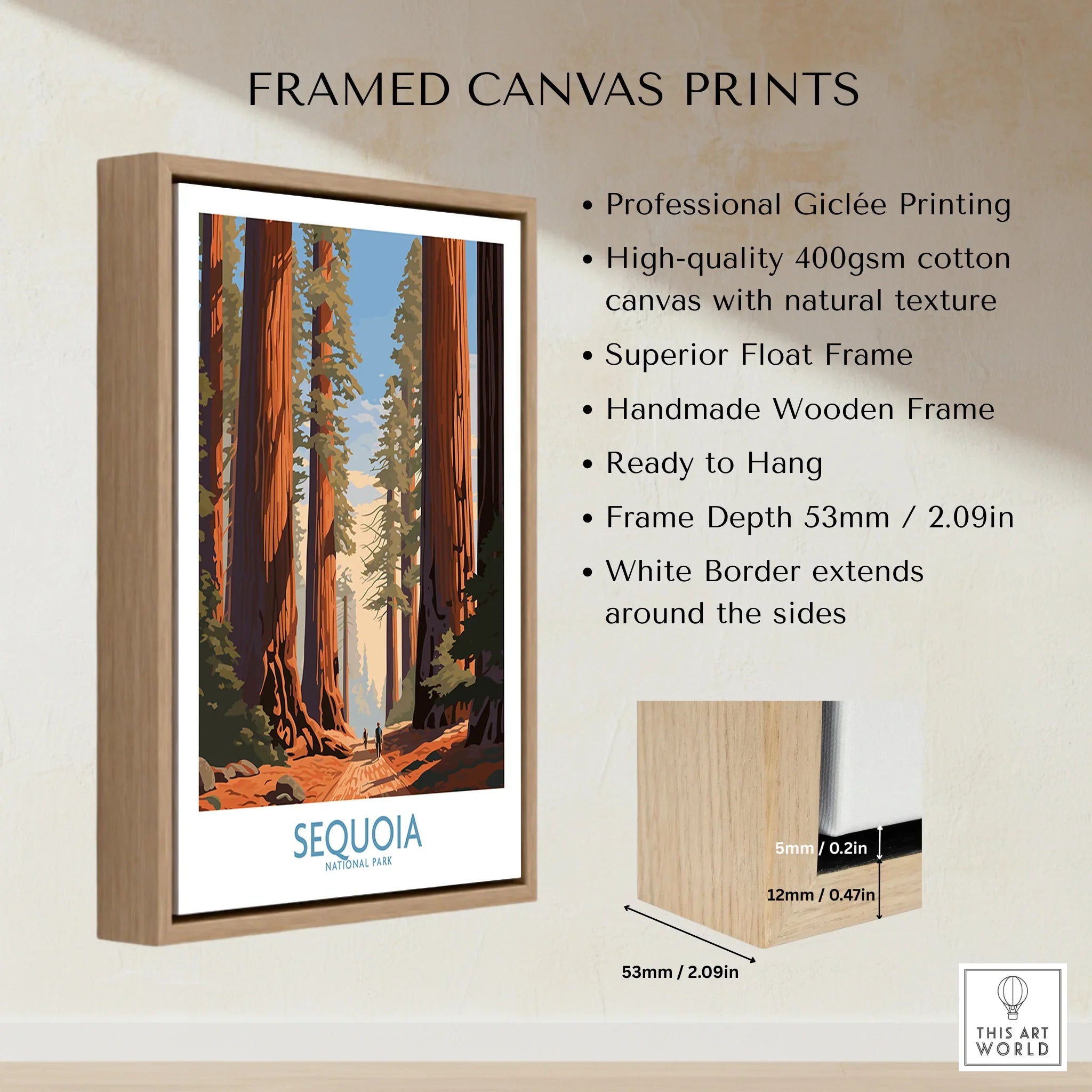 Framed Sequoia National Park travel poster print with float wooden frame and canvas details.