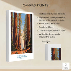 Sequoia National Park canvas print with tall redwood trees, white border, and wall art details.