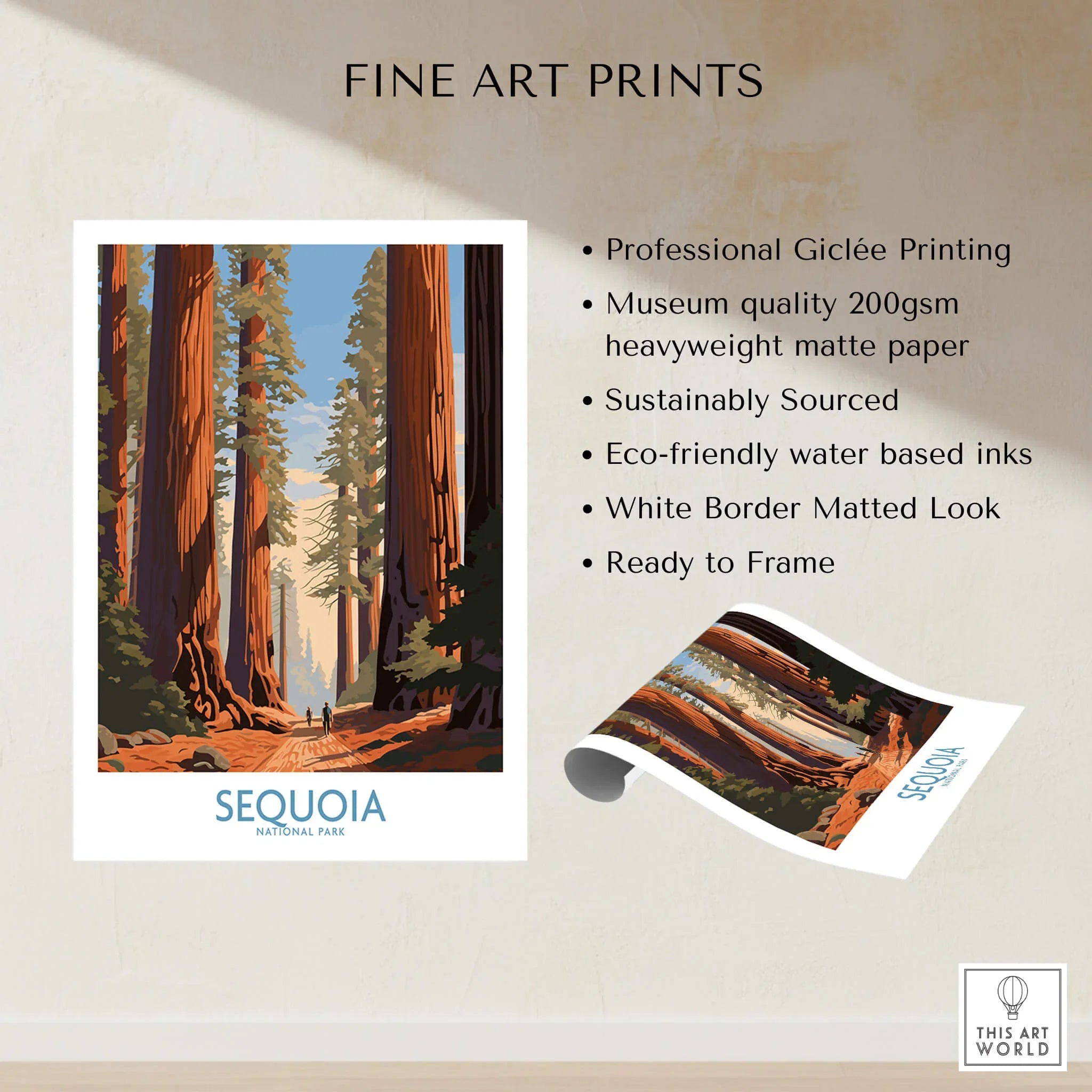 Sequoia National Park fine art print with tall redwood trees, ready to frame wall decor.
