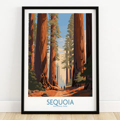 Sequoia National Park art print with tall redwood trees in a black frame on wooden floor