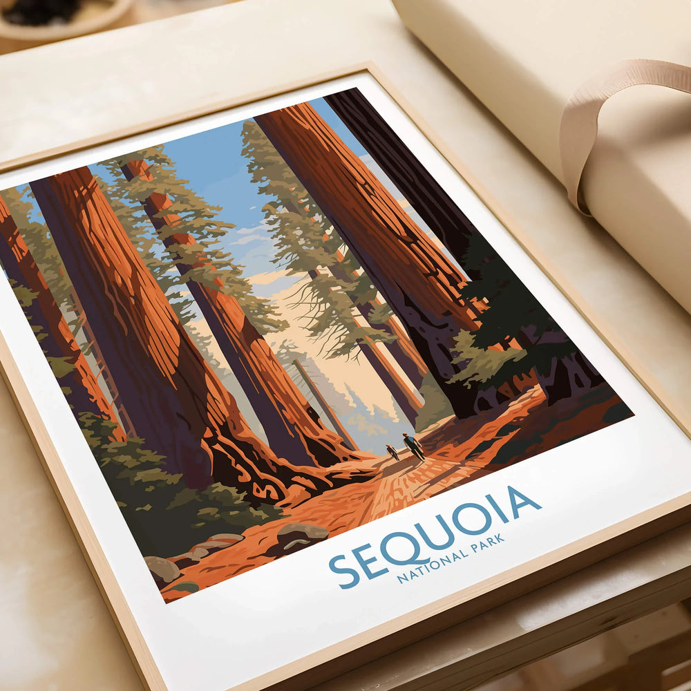 Sequoia National Park art print in natural wood frame, showing tall redwood trees and hikers.