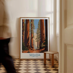 Sequoia National Park framed travel poster on floor in modern hallway, man walking past