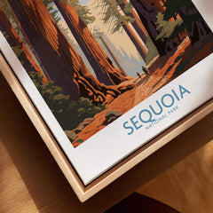 Sequoia National Park art print in natural wood floating frame, close-up view