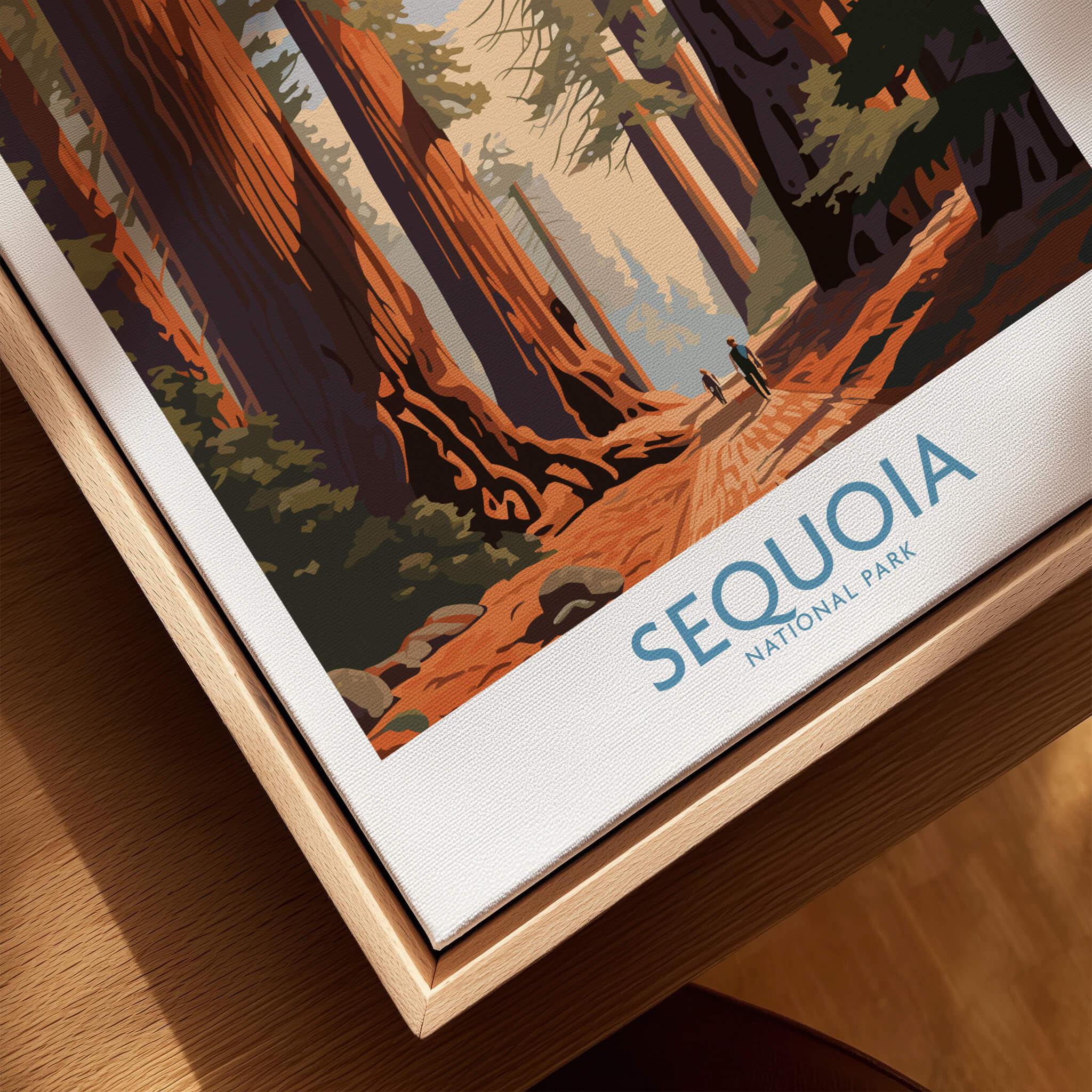 Sequoia National Park art print in natural wood floating frame, close-up view