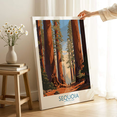 Sequoia National Park travel poster canvas print in a cozy room, hand holding artwork