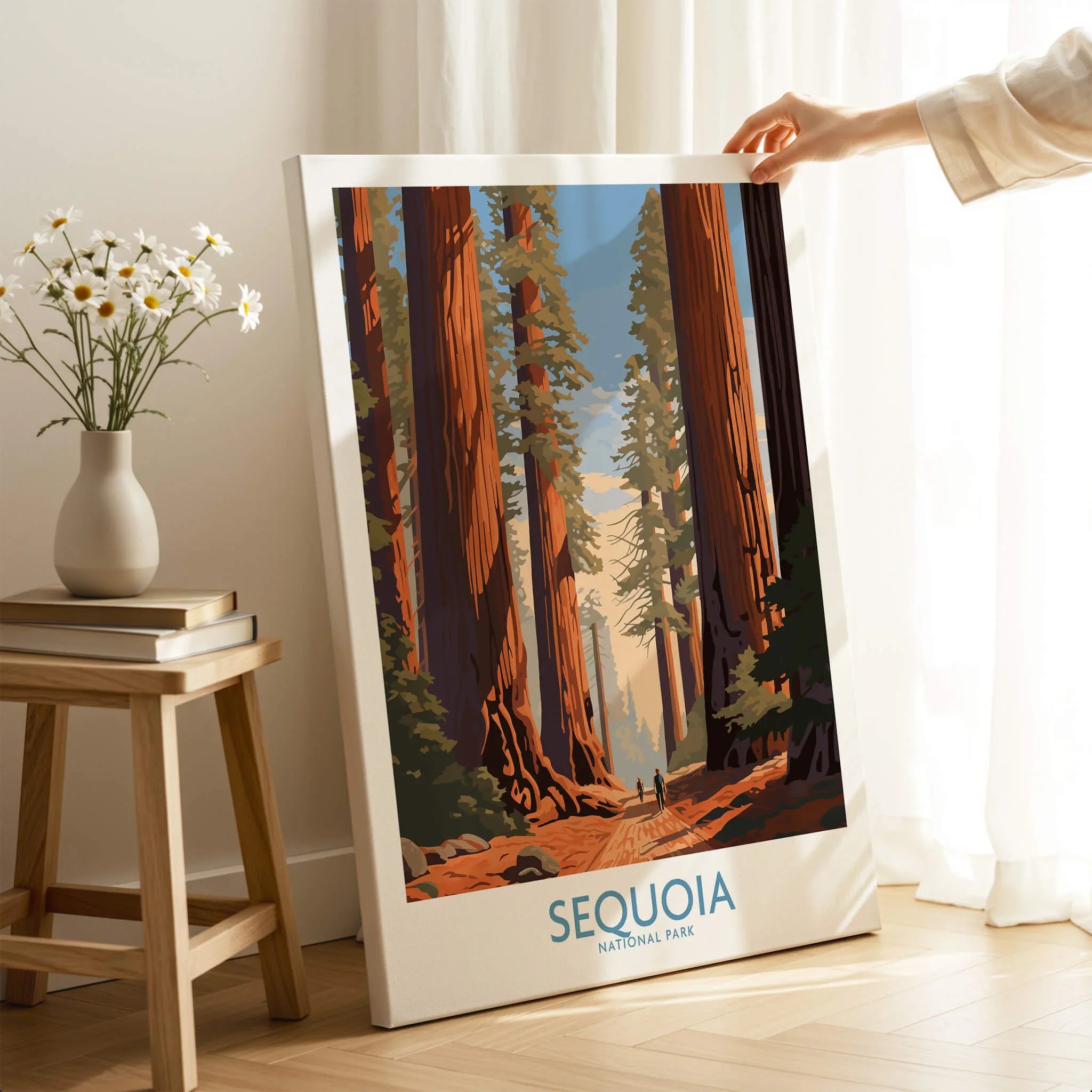 Sequoia National Park travel poster canvas print in a cozy room, hand holding artwork