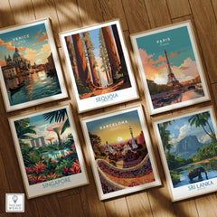 Set of six framed travel posters featuring Venice, Sequoia National Park, Paris, Singapore, Barcelona, and Sri Lanka on a wooden floor.