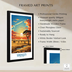 Framed Serengeti National Park art print, landscape sunset, wooden frame, wall decor details.