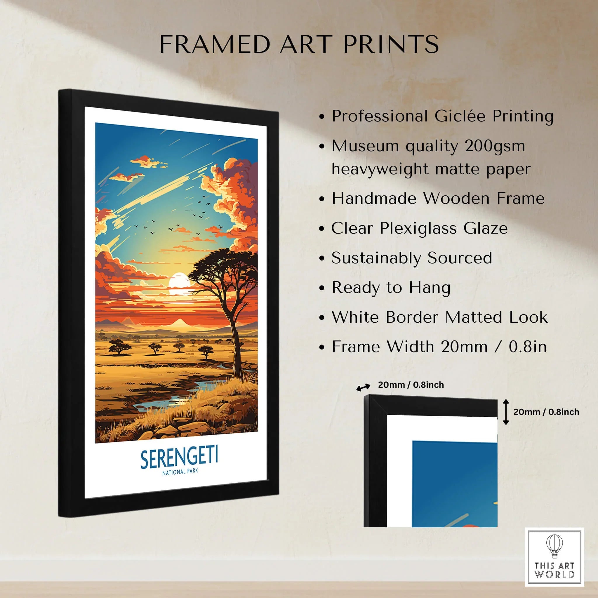 Framed Serengeti National Park art print, landscape sunset, wooden frame, wall decor details.