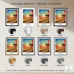 Serengeti National Park sunset art print with various frame color options, travel wall decor.