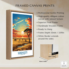 Framed Serengeti National Park art print with sunset landscape in wooden float frame